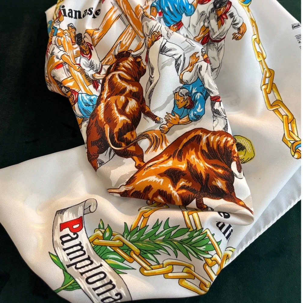 Vintage Dianas de San Fermin Pamplona Bull Run Scarf White Square